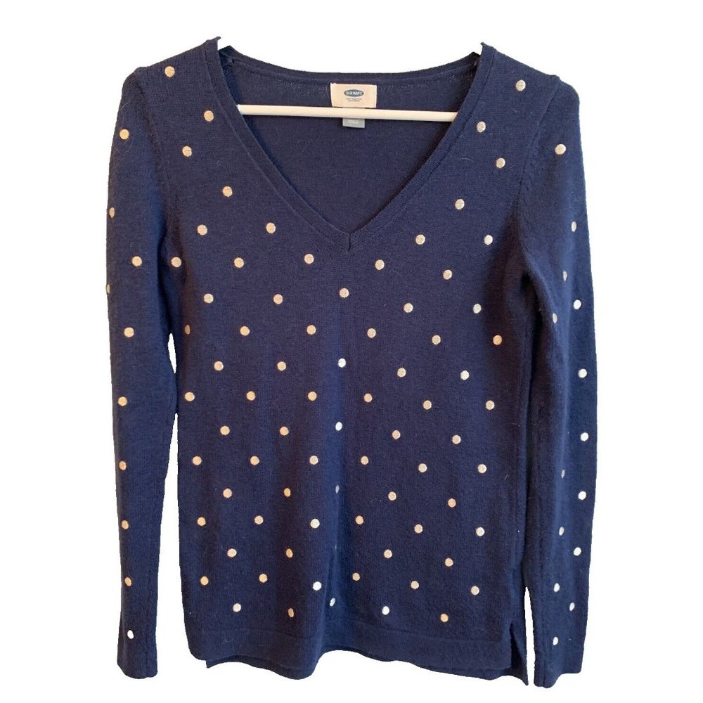 Old Navy Navy/White Polka Dot V-Neck Long Sleeve  Pullover Sweater Top Women XS